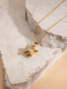 1pc European & American Fashion Five-Pointed Star Pendant Necklace, Stainless Steel Necklace, Suitable For Daily Wear - Star Zirconia Necklace - View 9