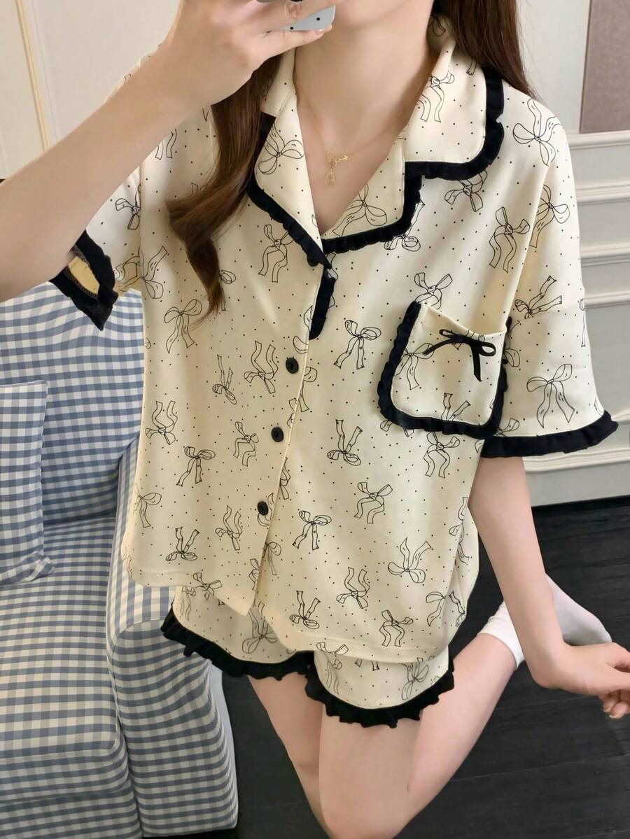 2pcs Women Pajama Set, Bow Print Short Sleeve And Shorts, Casual Comfortable Fashion, Suitable For Spring/Summer Home Wear - Champagne - View 1