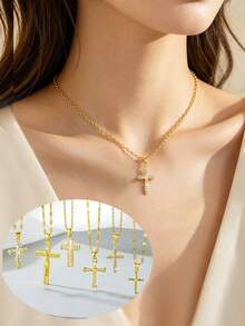 1pc Women's/Cross Pendant Necklace, Vintage Minimalist, Elegant & Sophisticated, Suitable For Dinner Parties, Birthday Banquets, Christmas, Thanksgiving, Halloween Gifts - Yellow Gold - View 1