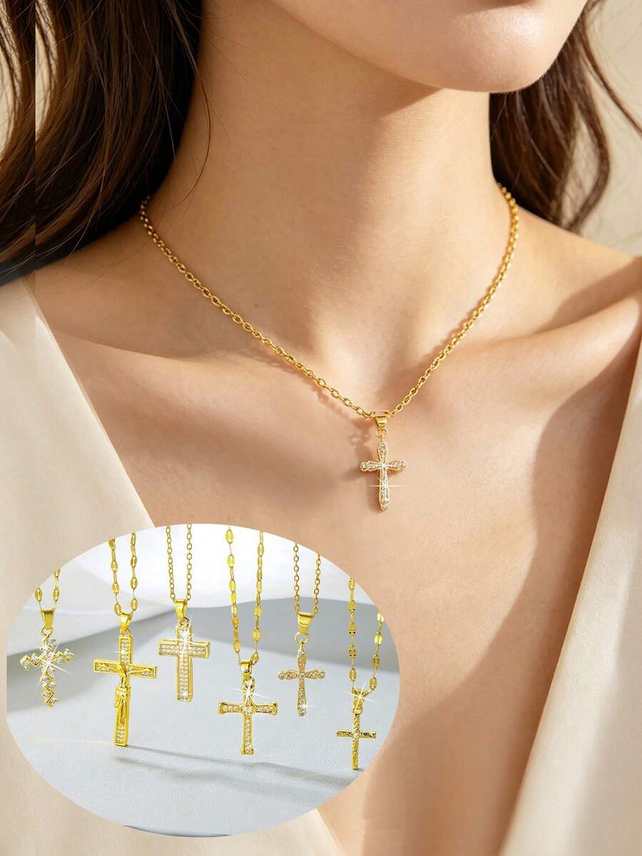 1pc Women's/Cross Pendant Necklace, Vintage Minimalist, Elegant & Sophisticated, Suitable For Dinner Parties, Birthday Banquets, Christmas, Thanksgiving, Halloween Gifts - Yellow Gold - View 1