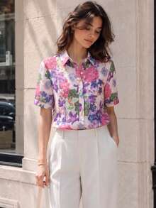 Camisa de manga corta holgada con estampado floral para mujer – Blusa con cuello y botones delanteros para primavera y verano, atuendos de oficina, uso diario y vacaciones, blusas de verano rosa - Rosa - Ver 3