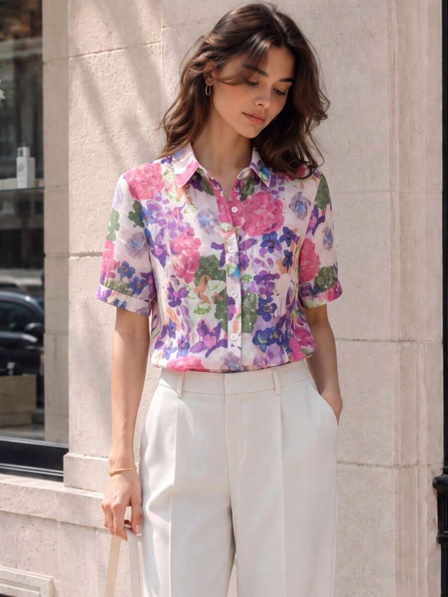 Women's Floral Print Loose Short Sleeve Shirt – Collared Button Front Top For Spring Summer, Office Daily Vacation Outfits, Summer Tops Pink - Pink - View 1