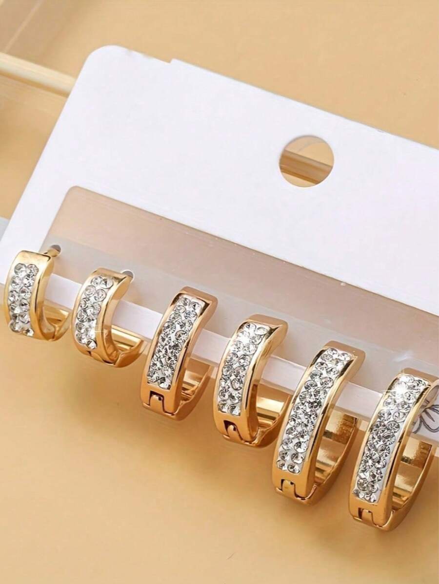 Juego de 3 pares de pendientes de aro con doble de strass en tono dorado para mujer - Multicolor - Ver 1