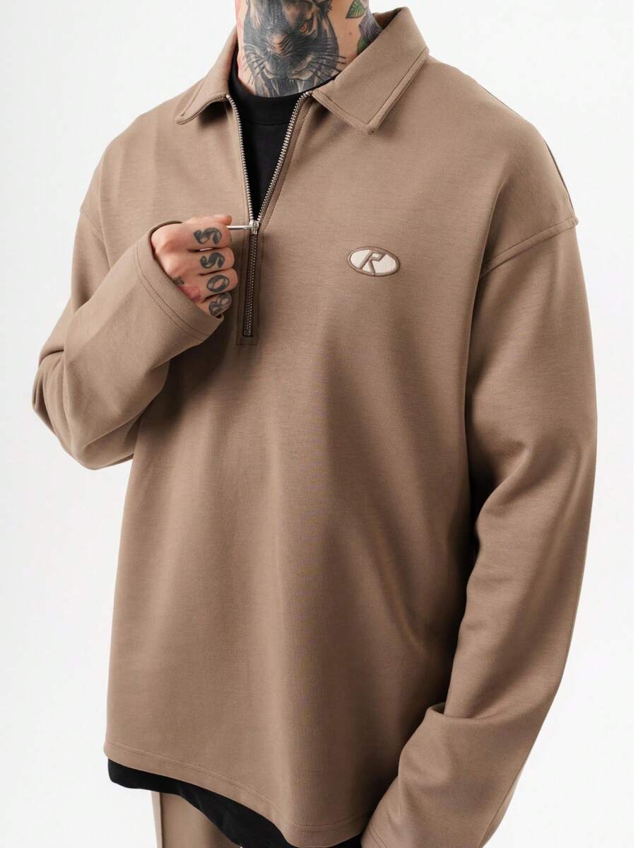 Men's Relaxed Fit Solid Color Half Zip Sweatshirt With Logo Detail - Camel - View 1