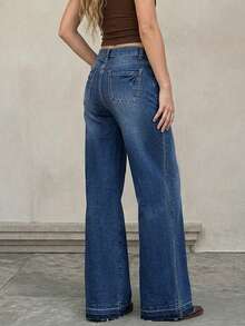 Quần jean denim nữ ống đứng cạp vừa màu wash, túi trước cài nút, thiết kế thường ngày, dễ phối đồ mặc hằng ngày - Rửa tối - Xem 6