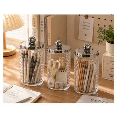 Apothecary Style Storage Jars With Silver Lids, Plastic Bathroom Organizer, Cotton Swab Holder, Vanity Countertop Container For Small Items, Home Decor