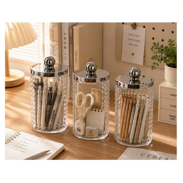 Apothecary Style Storage Jars With Silver Lids, Plastic Bathroom Organizer, Cotton Swab Holder, Vanity Countertop Container For Small Items, Home Decor