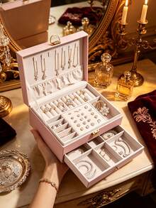 1pc Large Capacity Jewelry Box With Drawer, White Green Color Block Black Optional, Top Layer Necklace Hooks Ring Slots Earring Board, Bottom Layer Drawer Partition, Lockable Dust-Proof, Vanity Storage Watch Slot, Anti-Oxidation, Necklace Hooks, Home Use Zipper - Multicolor - View 2