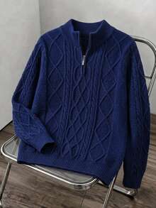 Boys' College Style Solid Color Cable Knit Half-Zip Mock Neck Pullover Sweater Long Sleeve Suitable For School Daily Wear Spring Autumn Winter - Navy Blue - View 4