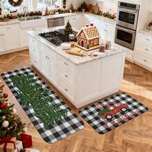 1/2/3pcs Christmas Theme Kitchen Rugs, Flannel Kitchen Rugs With Christmas Tree Pattern And Black & White Checkered Background, Comfortable Soft Absorbent Non-Slip Machine Washable With Anti-Slip Backing, Multi-Functional Floor Mat Suitable For Entrance, Living Room, Bedroom, Kitchen, Dining Room, Bathroom, Patio, Hallway, Home And Holiday Decor - Multicolor - View 7