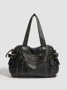 1pc Black Vintage Distressed Leather Multi-Zipper Pocket Handbag & Crossbody Bag, With Brass Hardware, Women's Casual Daily Commute Style - Multi-color - View 2