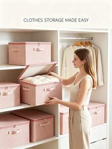 1pc Linen-Style Fabric Storage Box With Lid, Foldable Polyester Fiber Storage Bin With Reinforced Handles, Dust-Proof PE Lining Organizer Box For Clothes, Bedding, Miscellaneous Items, Closet Bedroom Home Storage Container - Multicolor - View 3