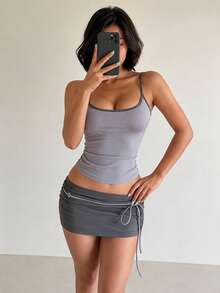 Kliou Conjunto Elegante de Verano de 2 Piezas para Mujer, Camisola Ajustada de Cuello Bajo y Espalda Descubierta + Falda con Flecos y Bandas, Atuendo Básico Dulce de Estilo Urbano - Gris - Ver 1