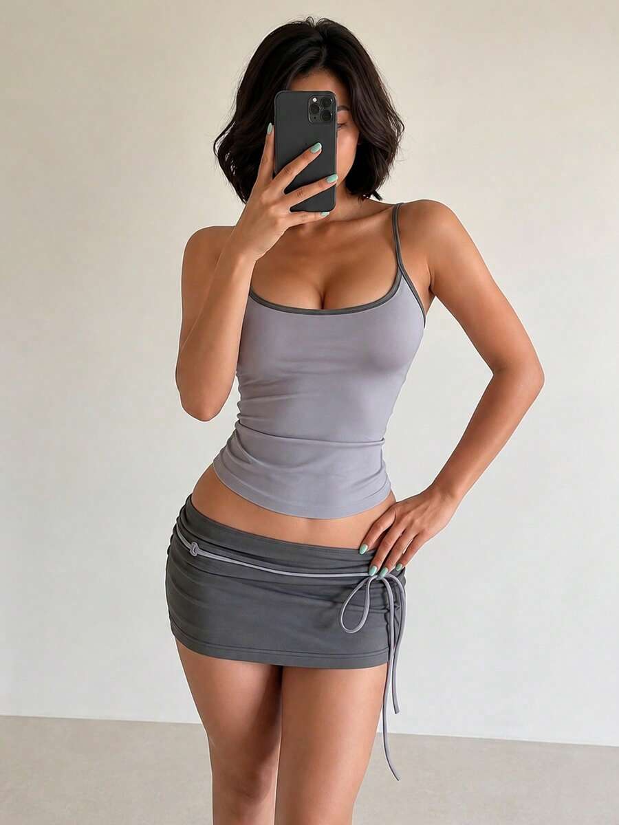 Kliou Conjunto Elegante de Verano de 2 Piezas para Mujer, Camisola Ajustada de Cuello Bajo y Espalda Descubierta + Falda con Flecos y Bandas, Atuendo Básico Dulce de Estilo Urbano - Gris - Ver 1