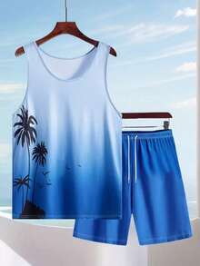 Men's Casual Vacation Coconut Tree Print Tank Top & Shorts Beach Set - Multicolor - View 2