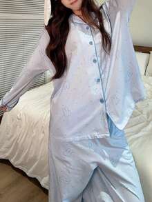 Gongdie 2 Pieces Miffy Women's Pajama Set,Fall Blue Polka Dot Soft Cotton Loungewear With Pocket - Baby Blue - View 5