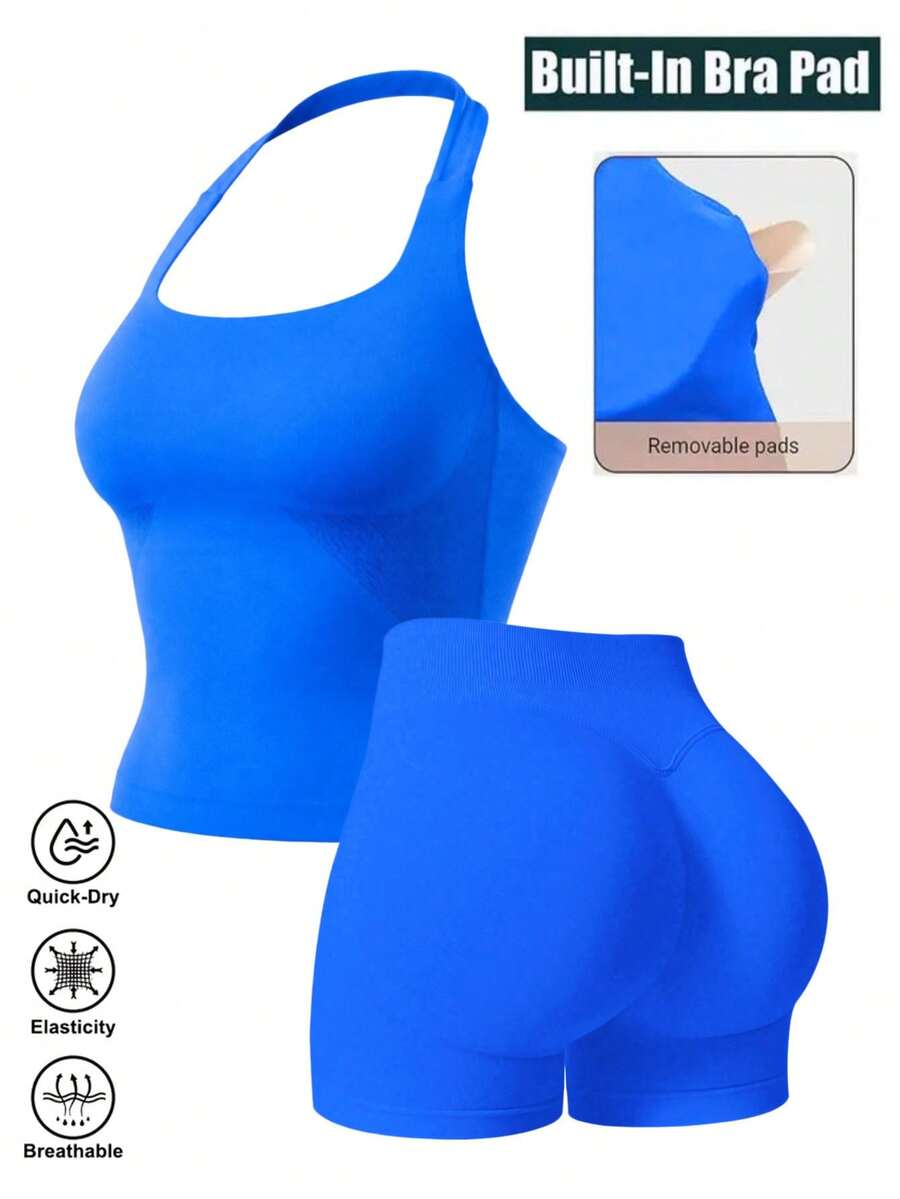 Set Fitness Wanita 2 Potong, Tank Top Backless, Celana Pendek Ketat Seamless Pinggang Tinggi, Set Yoga Olahraga