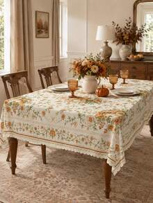 1Pc French Country Floral Tablecloth, Cream Apricot Autumn Flower Polyester Rectangular/Round Dining Table Cover With Vintage Decorative Border, Elegant Fall Kitchen Decor For Thanksgiving, Holiday Dinner, Farmhouse Home Styling - Multicolor - View 3