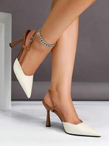 Women's High Heel Pointed Toe Fashion Commute Side Vertical Strap Open Back Slingback Buckle Pumps - Beige - View 3