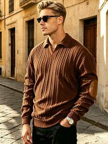 Men's Jacquard Fabric T-Shirt, Textured V-Neck Long Sleeve T-Shirt, Autumn/Winter - Coffee Brown - View 1