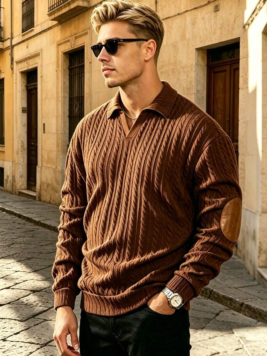 Men's Jacquard Fabric T-Shirt, Textured V-Neck Long Sleeve T-Shirt, Autumn/Winter - Coffee Brown - View 1