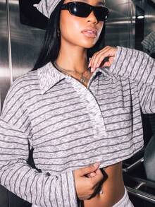 Women's Knitwear Striped Collar Button Long Sleeve Oversized Micro Cropped Top For Fall/Winter Daily,Fall Winter Clothes,Winter Fall Outfit,Going Out - White - View 2