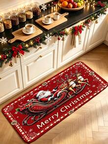 1pc Vintage Christmas Santa Sleigh Pattern Kitchen Mat, Flannel Soft Touch Absorbent Home Entryway Rug, Easy To Clean Washable Area Runner, Kitchen Runner Rug, Suitable For Kitchen, Bathroom, Entryway, Laundry Room, Hallway, Bedroom, Living Room Decor, All Season, Great Gift, Christmas Atmosphere Decoration Mat - View 1