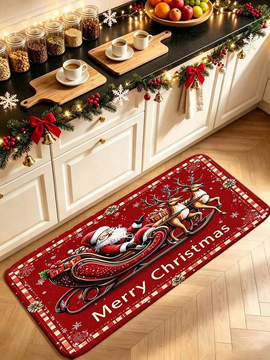 1pc Vintage Christmas Santa Sleigh Pattern Kitchen Mat, Flannel Soft Touch Absorbent Home Entryway Rug, Easy To Clean Washable Area Runner, Kitchen Runner Rug, Suitable For Kitchen, Bathroom, Entryway, Laundry Room, Hallway, Bedroom, Living Room Decor, All Season, Great Gift, Christmas Atmosphere Decoration Mat - View 1