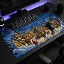 1pc Christmas Snowy Village And Tree Print XL Gaming Mouse Pad, Vintage Winter Night Keyboard Desk Mat, Holiday Desk Decor Gift - View 4