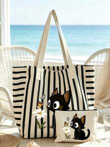 Set Tas Tote Kanvas Bergaris Motif Kucing Hitam Lucu dan Kupu-kupu Daisy dengan Dompet Kecil, Tas Bahu Kapasitas Besar untuk Wanita, Cocok untuk Perjalanan Sehari-hari dan Sekolah. - MultiWarna - View 13