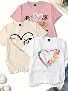 Pack 3 camisetas cuello redondo mujer, estampado transfer 3 diseños corazón: corazones leopardo-dorado, corazón dibujado con texto, corazón degradado con mariposas , Hecho en Mexico. - White(Patron estampado) Paquete de 1 - Ver 2