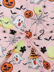 2pcs/Set Girls Casual Ghost Pumpkin Print Lapel Long Sleeve Cardigan And Pants Pajama Set Flame Retardant Halloween All Seasons - Dusty Pink - View 7