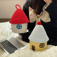 1 Set Cartoon House Shaped Woven Storage Basket With Lid, House Design, Suitable For Home Bedroom Living Room, Large Capacity, Can Store Snacks And Miscellaneous Items, Decorative Accessories, Christmas Storage - Multicolor - View 4