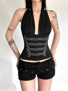 Top Dazzle Women's Sleeveless Halter Backless Corset Top, Knitted Fabric Regular Length Medium Stretch Camisole For Goth Style Outfits - Black - View 3