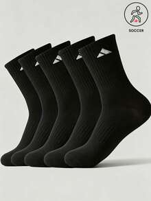 5 Pairs Black & White Solid Color Triangle Logo Mid-Calf Socks, Vertical Stripe Daily Commute Sports Socks - Multicolor - View 6