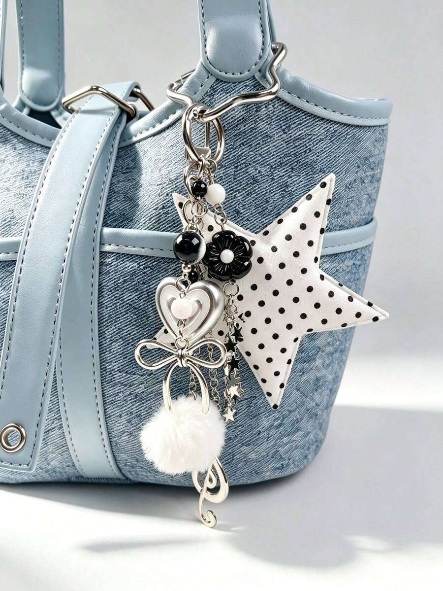 1pc Fashion Polka Dot Star Beaded Chain Pendant Bag Charm Accessory Keychain, For Women's Shoulder Bag, Tote Bag Charm, Keychain Pendant - Multicolor - View 1