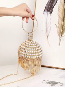 Mini Rhinestone Tassel Sphere Handbag Evening Clutch - Gold - View 6
