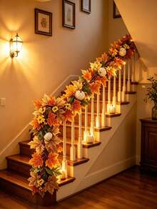 1pc Autumn Maple Leaf & Pumpkin Artificial Vine Wreath, Orange-Yellow Maple Leaves With Pumpkins, Realistic Deep Autumn Texture, Suitable For Thanksgiving, Halloween And Autumn Party Occasions - Multicolor - View 1