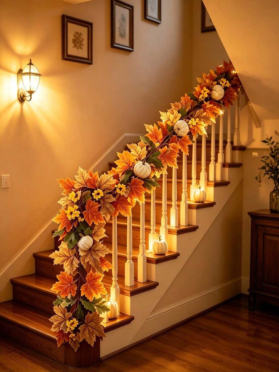 1pc Autumn Maple Leaf & Pumpkin Artificial Vine Wreath, Orange-Yellow Maple Leaves With Pumpkins, Realistic Deep Autumn Texture, Suitable For Thanksgiving, Halloween And Autumn Party Occasions - Multicolor - View 1