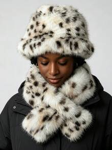 2pcs Unisex Faux Lynx Scarf & Hat Set, Leopard Print Plush Bucket Hat, Face-Slimming Thickened Warm Ear-Protective Hat - Multicolor - View 2