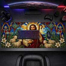 1pc Jesus The Good Shepherd Stained Glass Lamb And Lily Print XL Gaming Mouse Pad, Christian Faith Keyboard Desk Mat, Religious Gift - View 3
