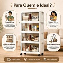 Armário Organizador Multiuso Dobrável 4 Andares Largura 48cm Cor Branco Creme, Portas Semitransparentes Fumê, Travas Laterais Empilháveis, Rodinhas Giratórias 360° com Sistema de Trava, Armazenamento à Prova de Poeira, Ideal para Roupas, Cosméticos, Brinquedos, Utensílios Domésticos, Livros,Quarto,  Cozinha e Sala - Visão 8