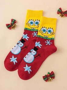 SpongeBob SquarePants 1 Pair SquarePants Series Snowman Pattern Personalized Fun Men's Mid-Calf Socks, Christmas Style - Multicolor - View 4