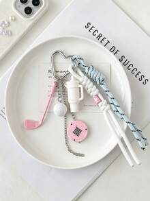 1pc Sports Style Tennis & Golf Racket Keychain, Braided Rope Bag Charm, INS Sweet Girl School Bag Pendant - Multicolor - View 5