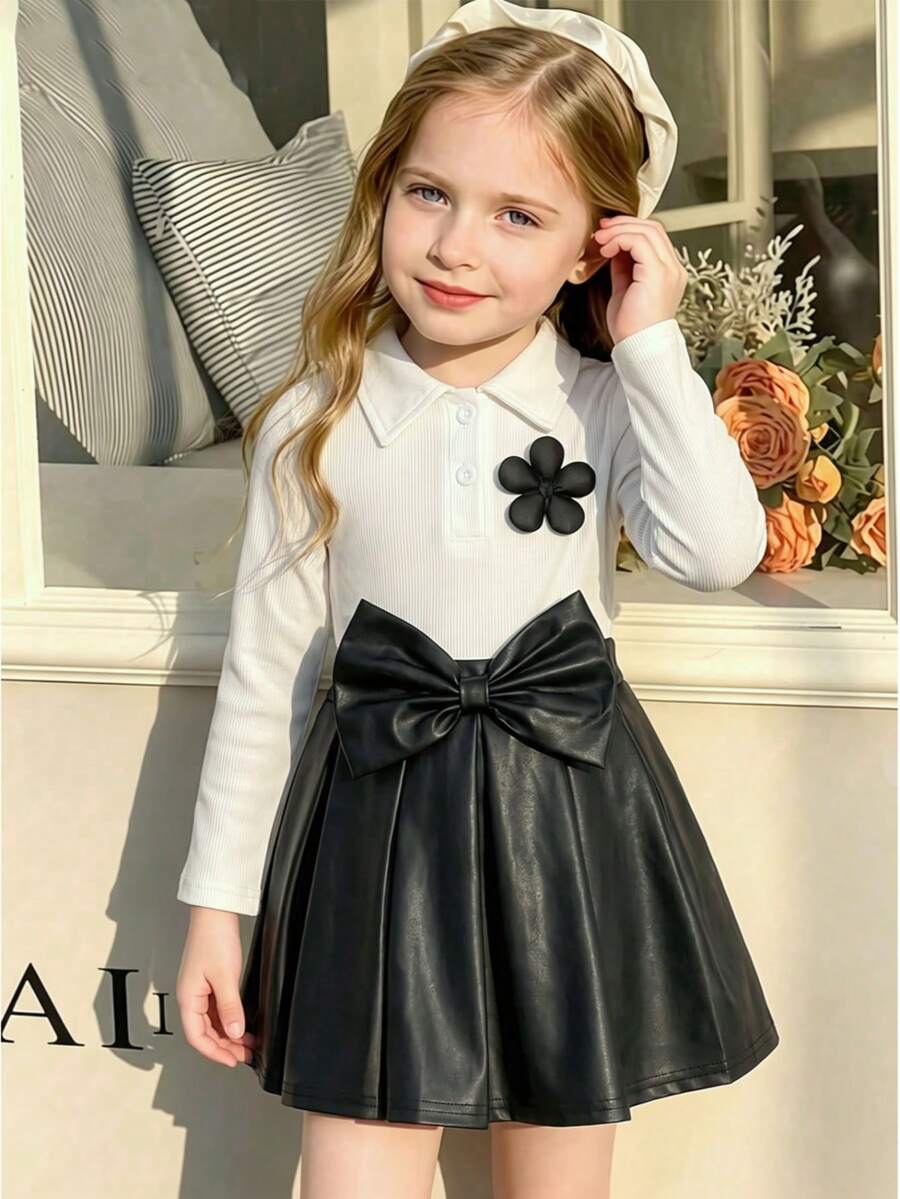 2pcs Young Girls Minimalist Premium 3D Floral Decor Long Sleeve POLO Shirt & Large Bow Leather Pleated Mini Skirt Set, Spring/Autumn - White - View 1