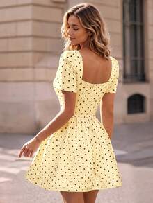 Perirose Women's YellowPolka Dot Square Neck Puff Sleeve Fit And Flare Mini Dress, Summer Fall Vacation Date Brunch Feminine A-Line Sundress - Yellow - View 2