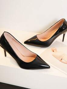 Women Glossy Pointed Toe Stiletto Heel Pumps, Slip On Solid Color Dress High Heels For Party Wedding Evening - Black - View 5