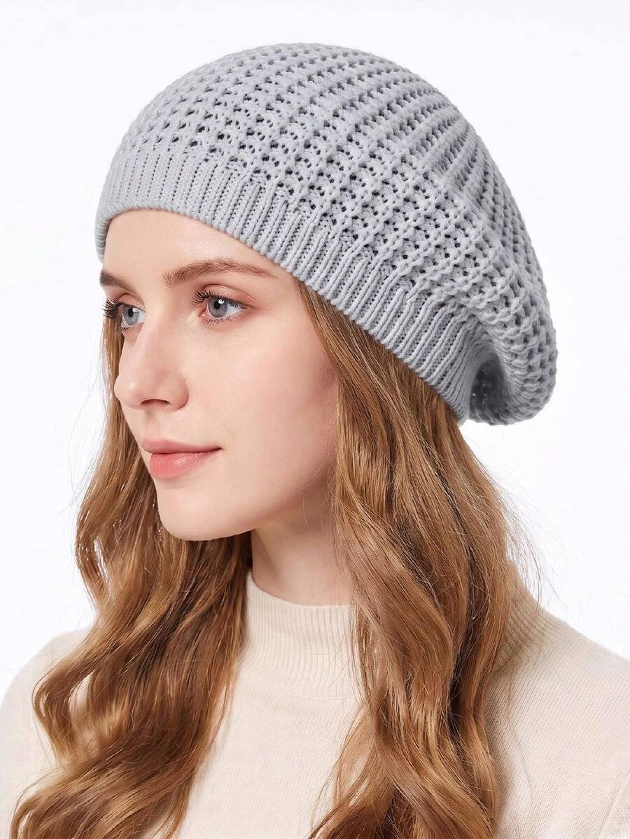 Women's Hollow Knit Beret Hat, Soft Elastic, Casual Comfortable, Warm And Lightweight, Suitable For Autumn And Winter - Multicolor - View 1