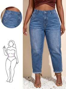 Plus Size Washed Denim Mom Jeans, Cropped Length With Pockets And Zipper, Suitable For Daily Wear, Fashionable And Versatile - Blue - View 8