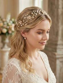 1pc Vintage Floral Faux Pearl Beaded Headband, Elegant Hair Accessory For Wedding, Daily, Party, Festival - Gold - View 1